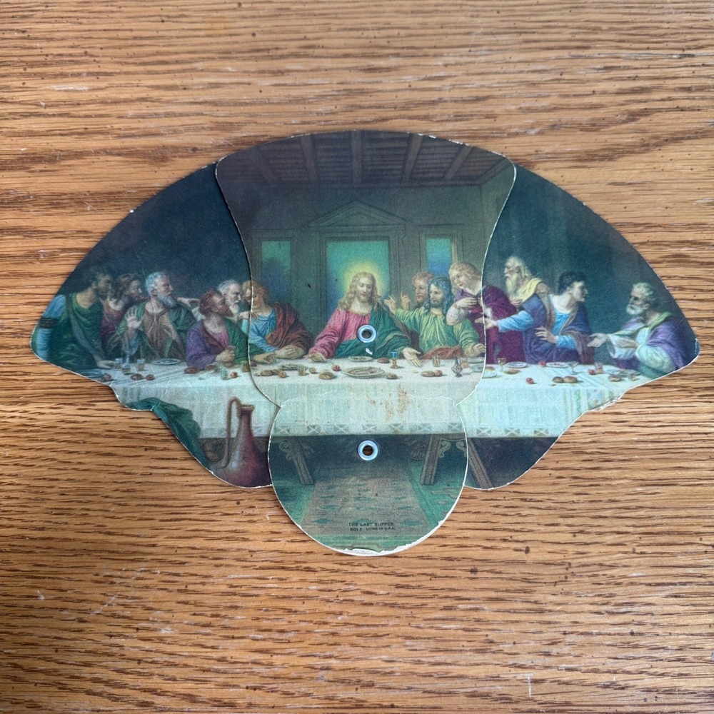 Vintage Frick Funeral Home Marion IL Folding Fan The Last Supper Religious Art